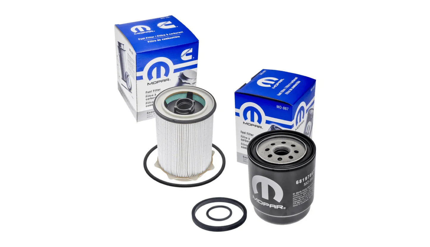 Two oil filters and their packaging with Mopar logo on a white background