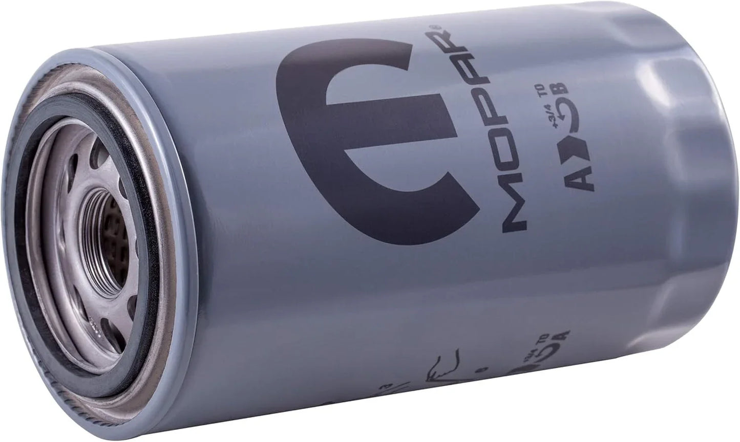 Gray oil filter with Mopar logo on a white background